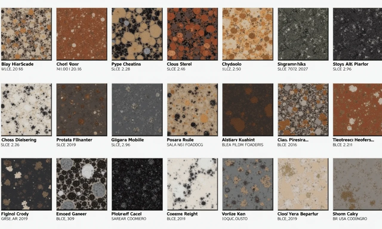 Variedade de cores e acabamentos em bancadas de granito.