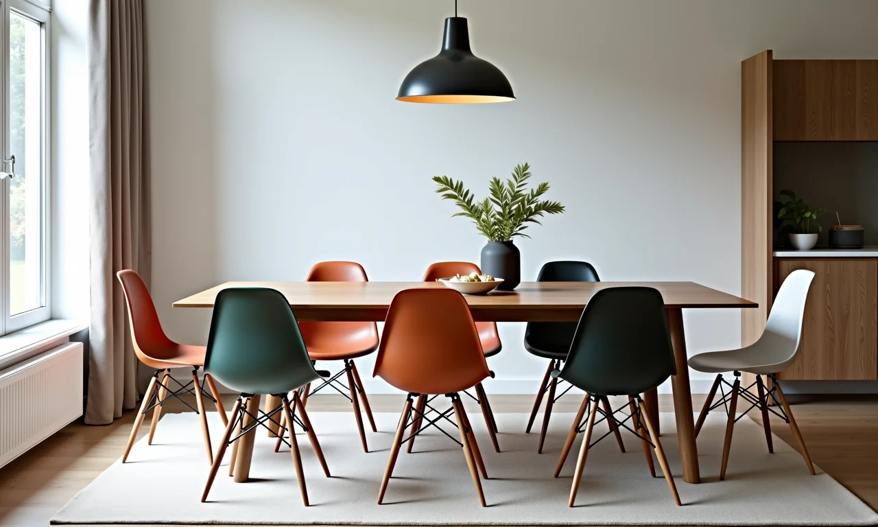 Variedade de cores e materiais da cadeira Eames.