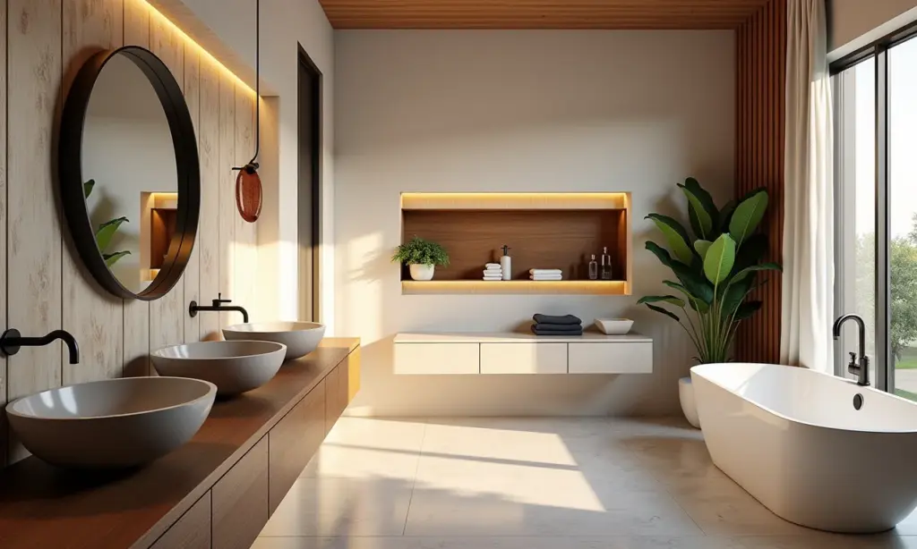 Variedade de cubas para banheiro em um ambiente moderno e bem iluminado.