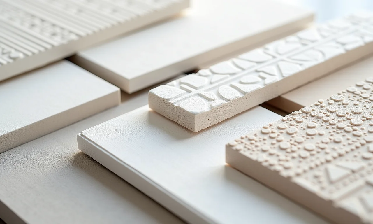 Variedade de designs e materiais de painéis de gesso 3D autocolantes.