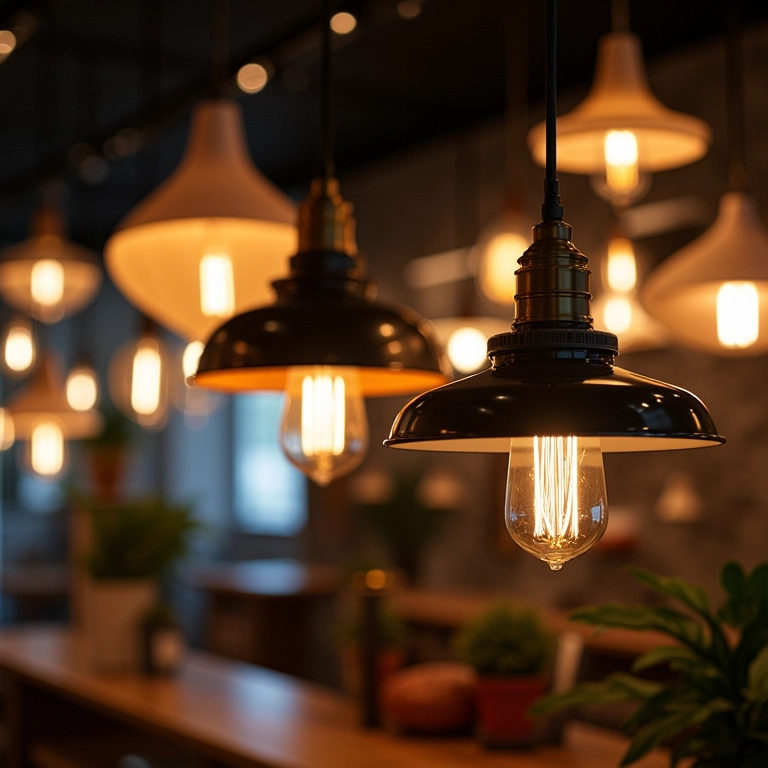 Variedade de pendentes exibidos em uma loja de iluminação moderna, clientes brasileiros.