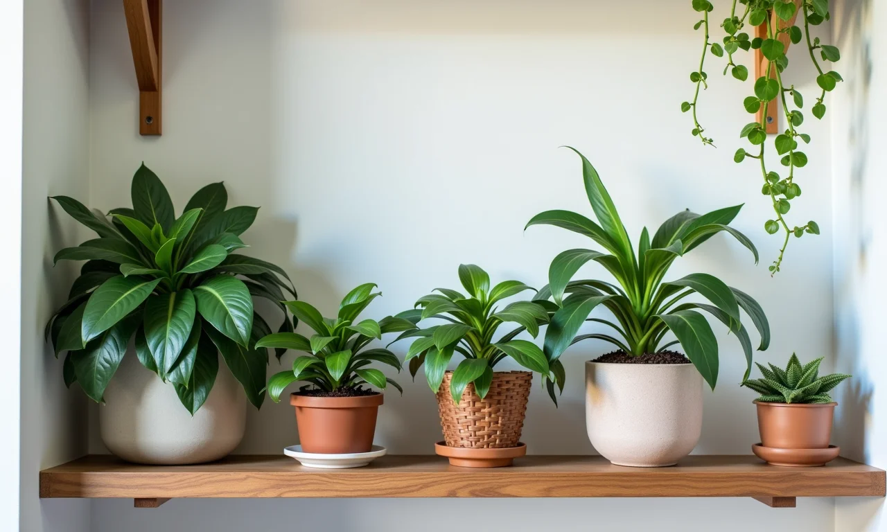 Variedade de peperômias em prateleira de lavabo charmoso.