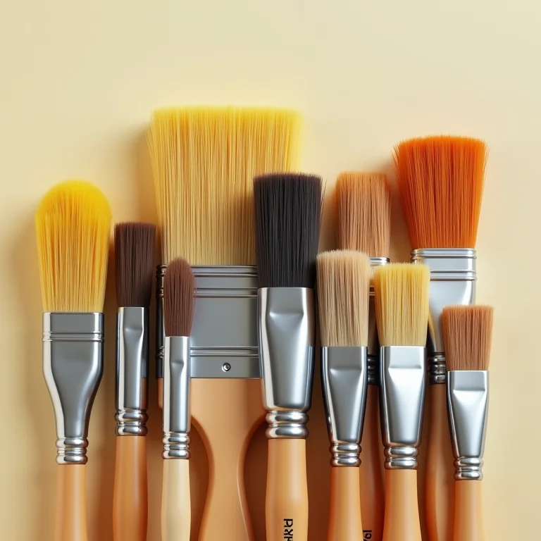 Variedade de pincéis de pintura organizados por tipo e tamanho.