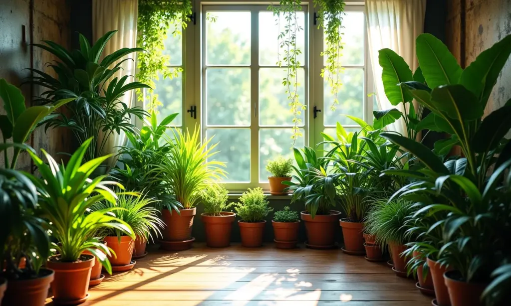 Variedade de plantas feng shui em ambiente interno luminoso.