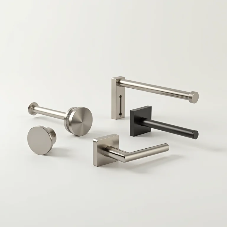 Variedade de puxadores para portas pivotantes, demonstrando opções de personalização