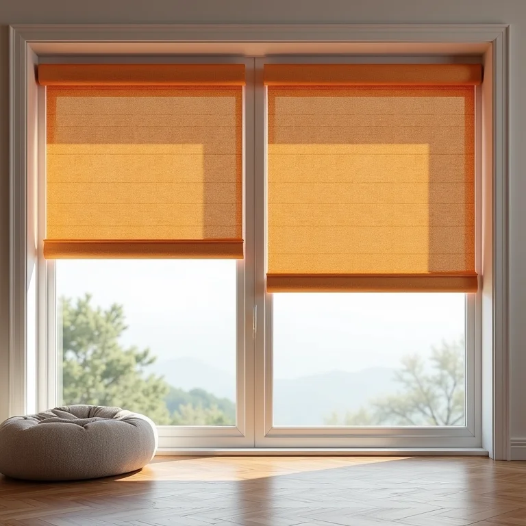 Variedade de tecidos e cores de cortinas rolô decorativas.