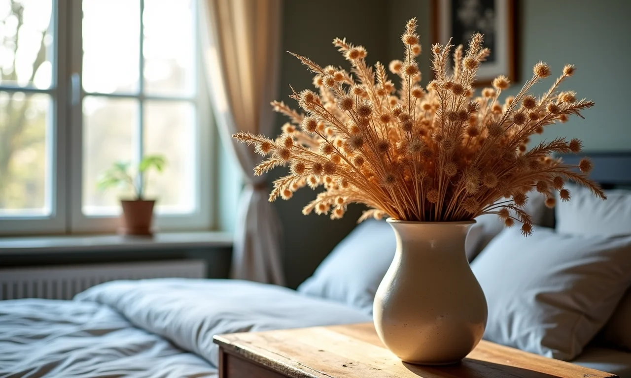 Vaso com flores secas em quarto provençal.