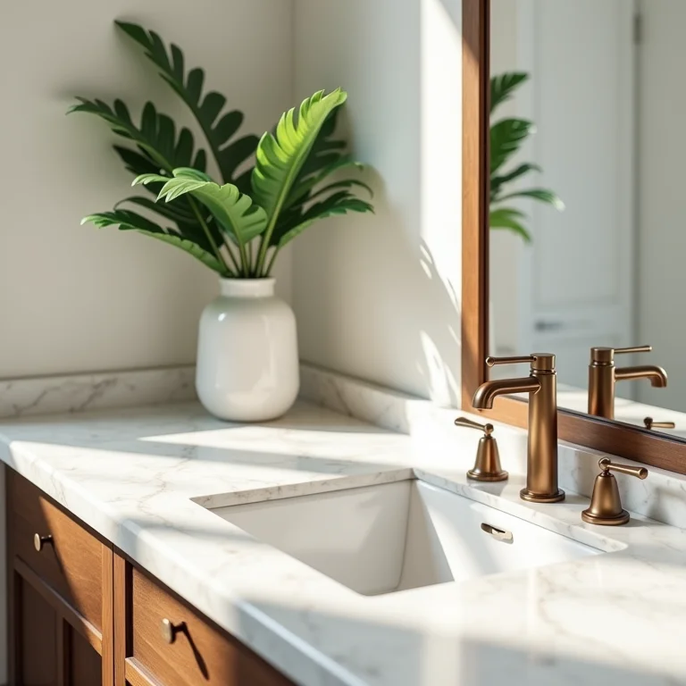 Vaso com folhagens em bancada de mármore no banheiro.