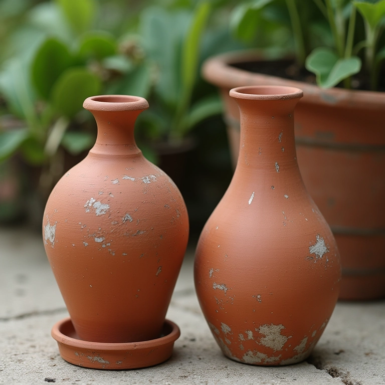 Vaso de barro esbranquiçado e um vaso limpo lado a lado.