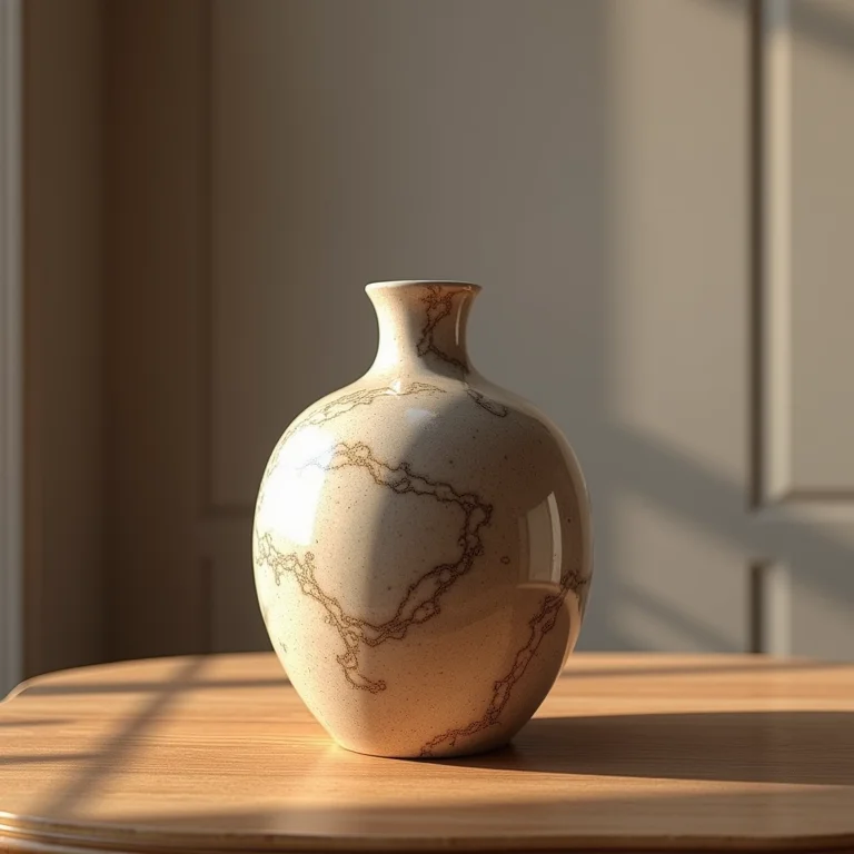 Vaso de granilite sobre uma mesa de madeira.