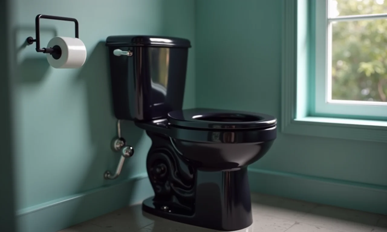 Vaso sanitário preto bem conservado em banheiro iluminado.