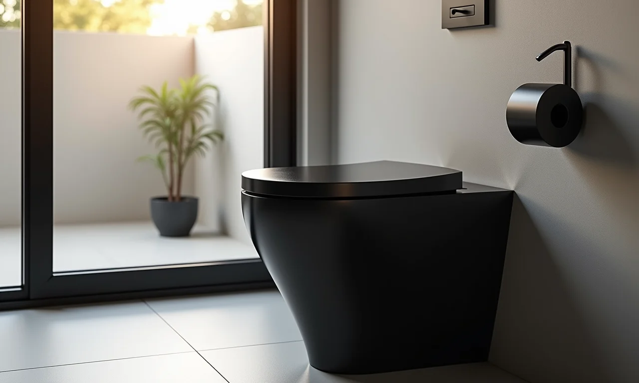 Vaso sanitário preto da marca Incepa com tecnologia de economia de água.