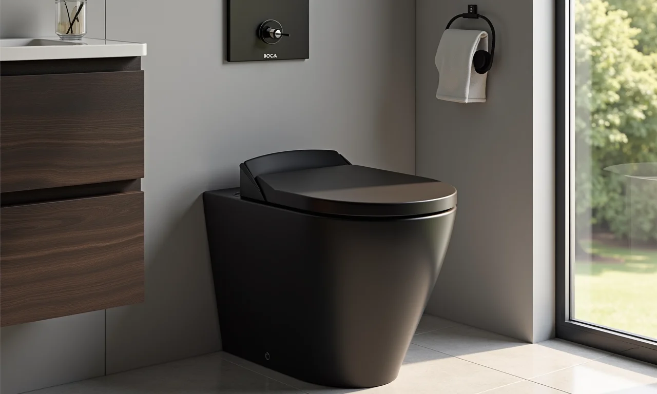 Vaso sanitário preto da marca Roca com assento de fechamento suave.