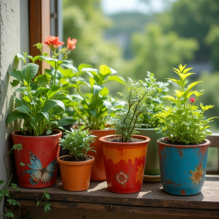 Vasos coloridos e ecléticos feitos de materiais reciclados em varanda ensolarada.