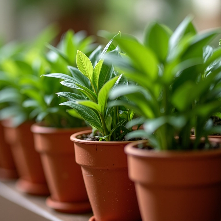 Vasos de barro clássicos com plantas vibrantes.