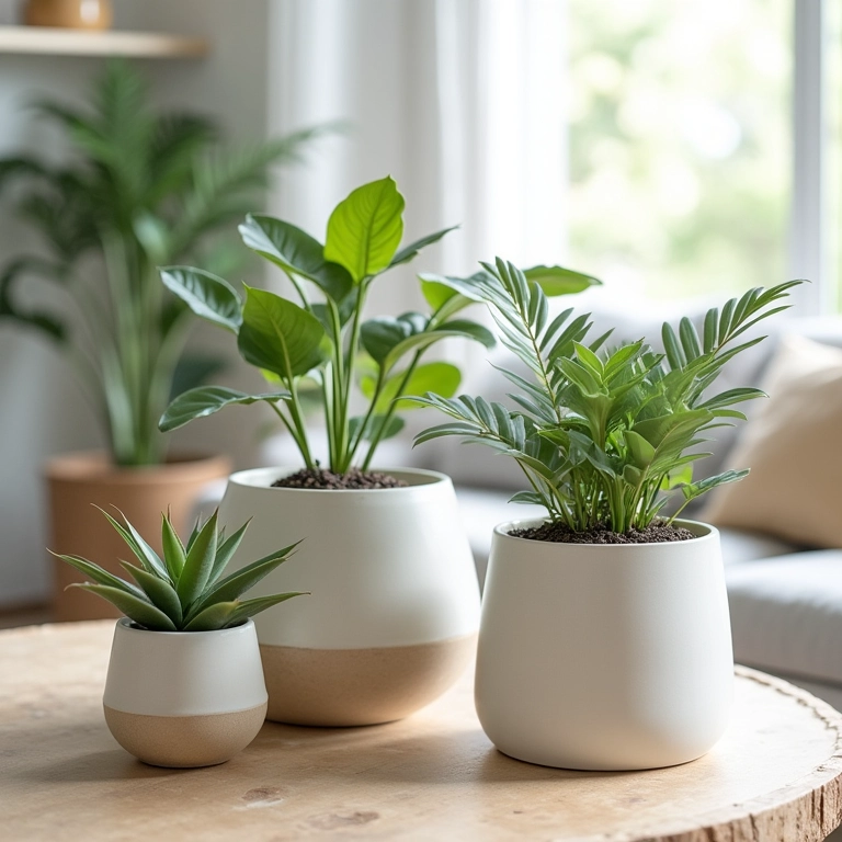 Vasos de cerâmica elegantes com plantas estilosas em sala de estar.