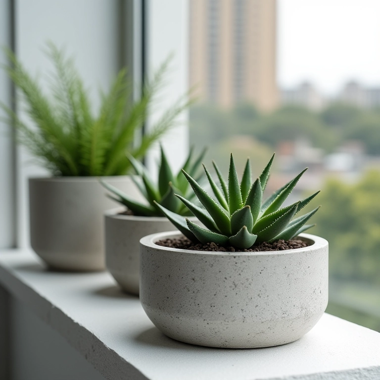 Vasos de cimento modernos com suculentas em varanda minimalista.
