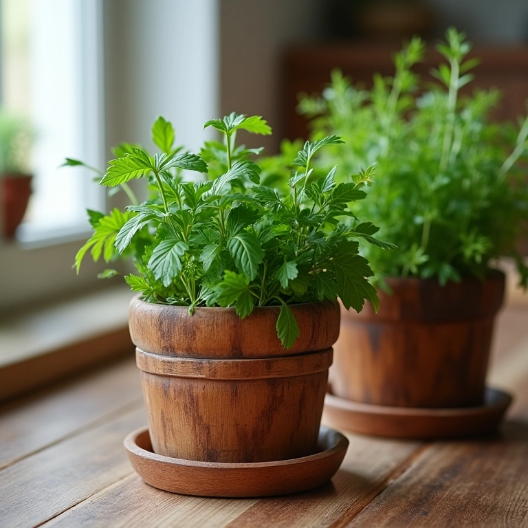 Vasos de madeira rústicos com ervas em bancada de cozinha.