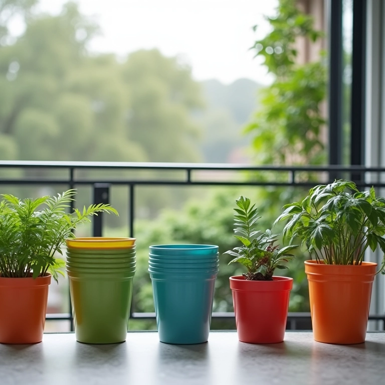 Vasos de plástico leves e práticos em uma varanda moderna.