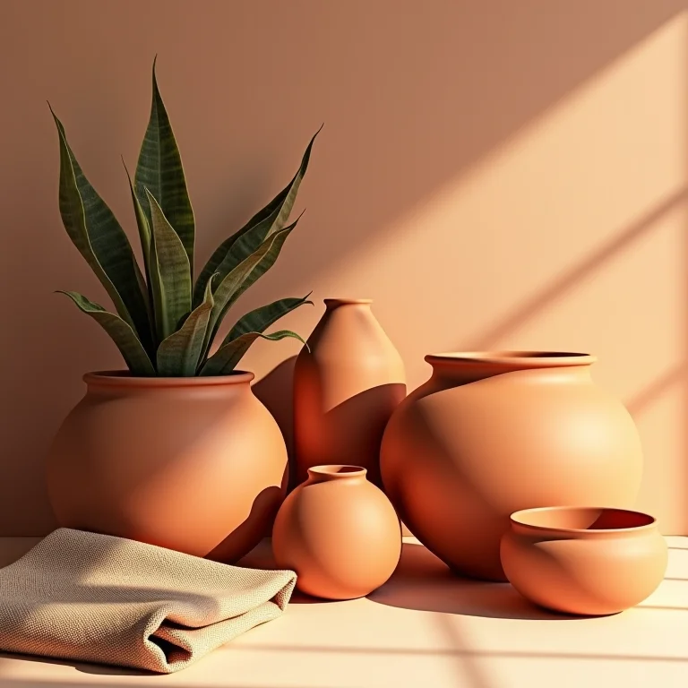 Vasos de terracota e tecidos em tons de terra para um ambiente aconchegante