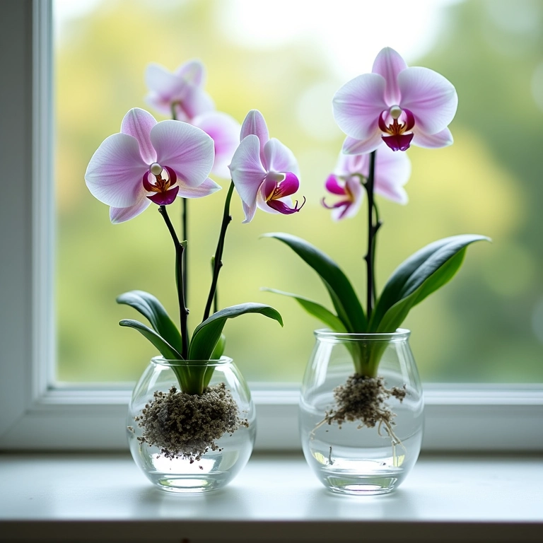 Vasos de vidro delicados com orquídeas em parapeito de janela.