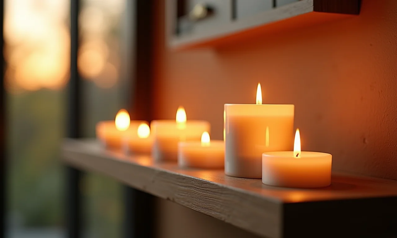 Velas aromáticas para relaxar em prateleira de banheiro.