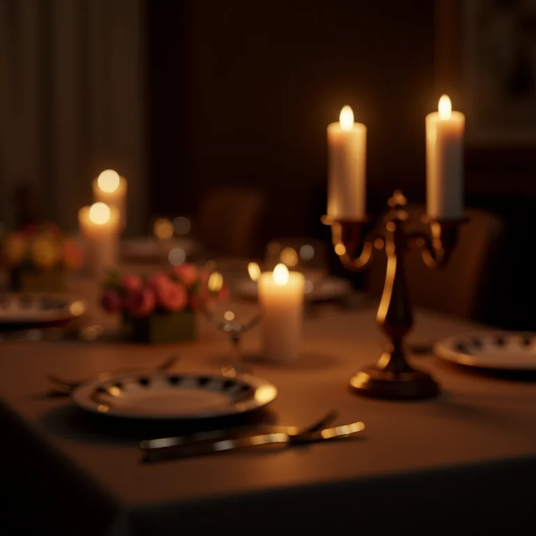 Velas e castiçais em mesa de jantar romântica