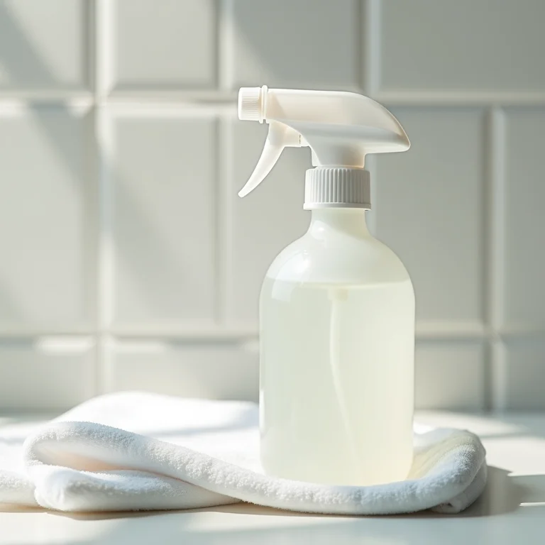 Vinagre branco em um frasco de spray, pronto para ser usado na limpeza do banheiro.