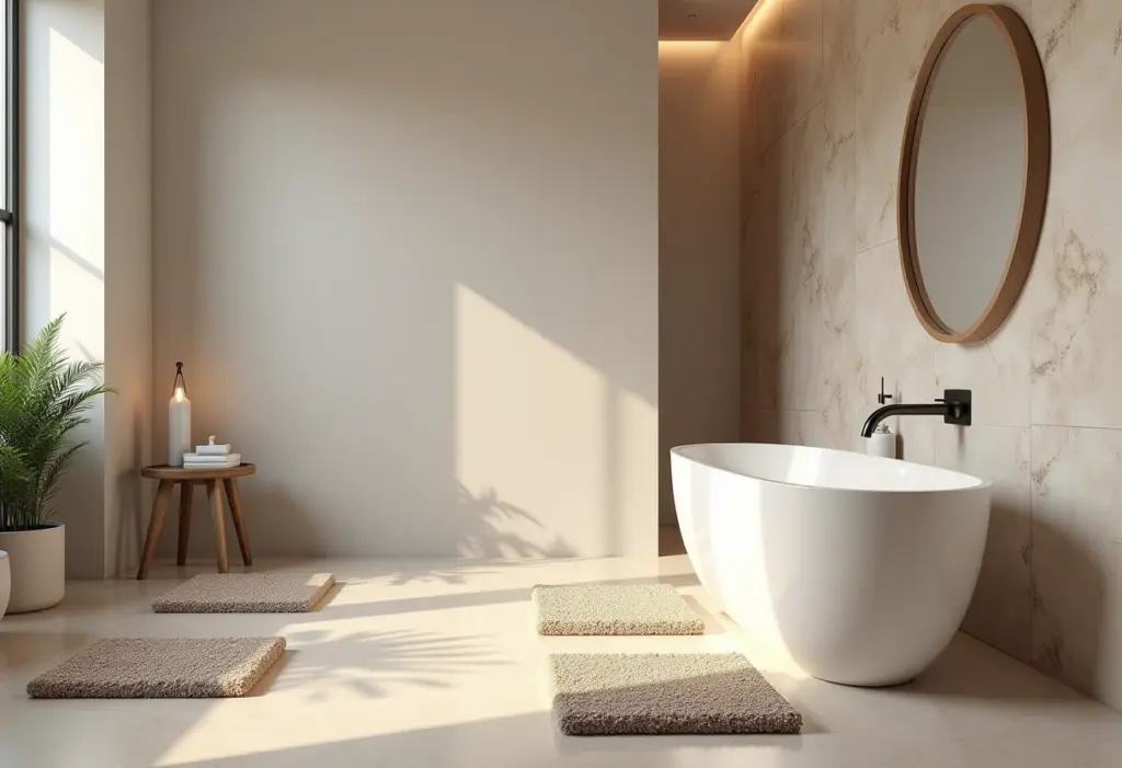 Visão geral de um banheiro elegante com diversos tapetes de texturas diferentes.