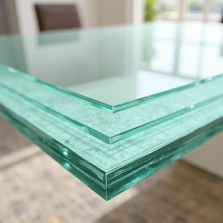 Visualização em corte transversal de vidro laminado em mesa de jantar.