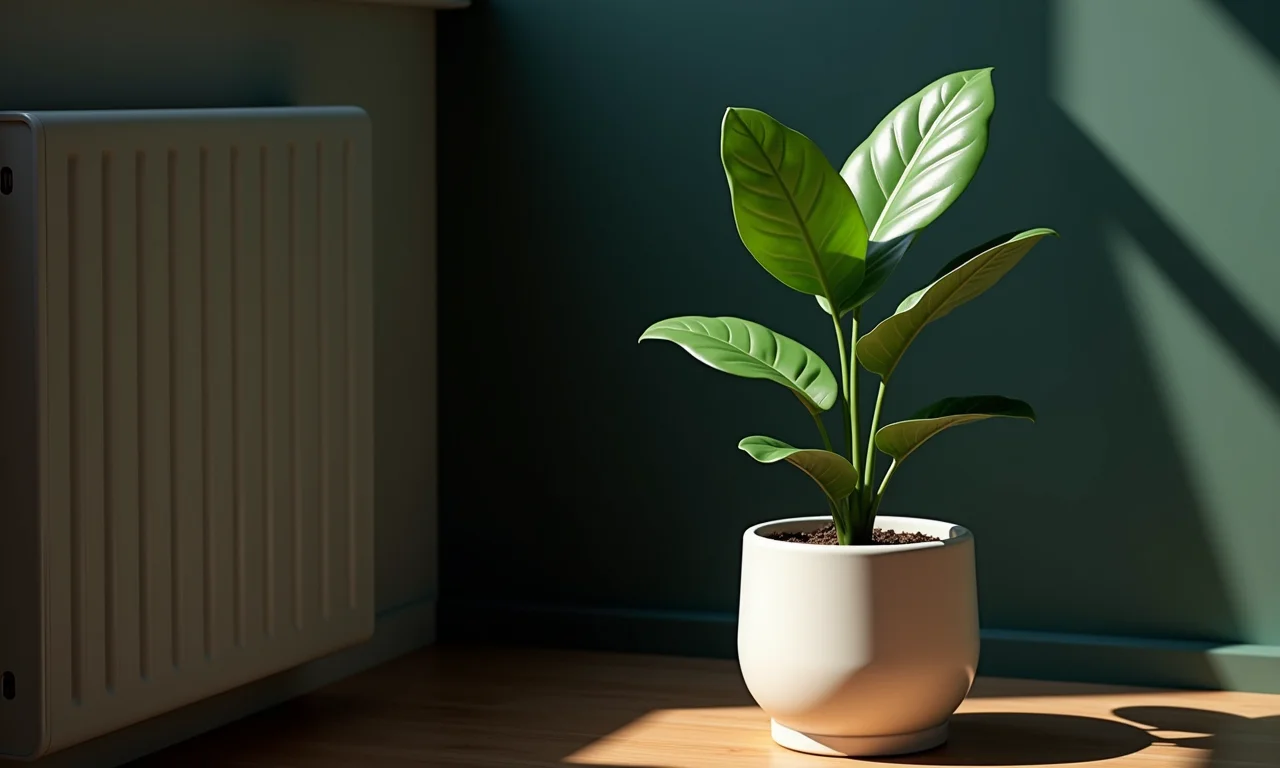 Zamioculca elegante em vaso de cerâmica em canto com pouca luz.