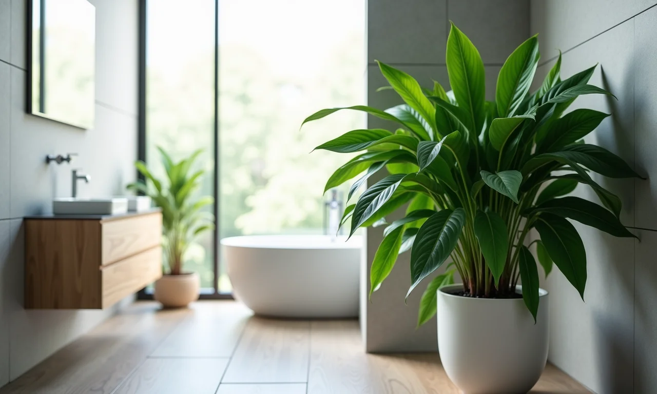 Zamioculca exuberante em um lavabo contemporâneo.
