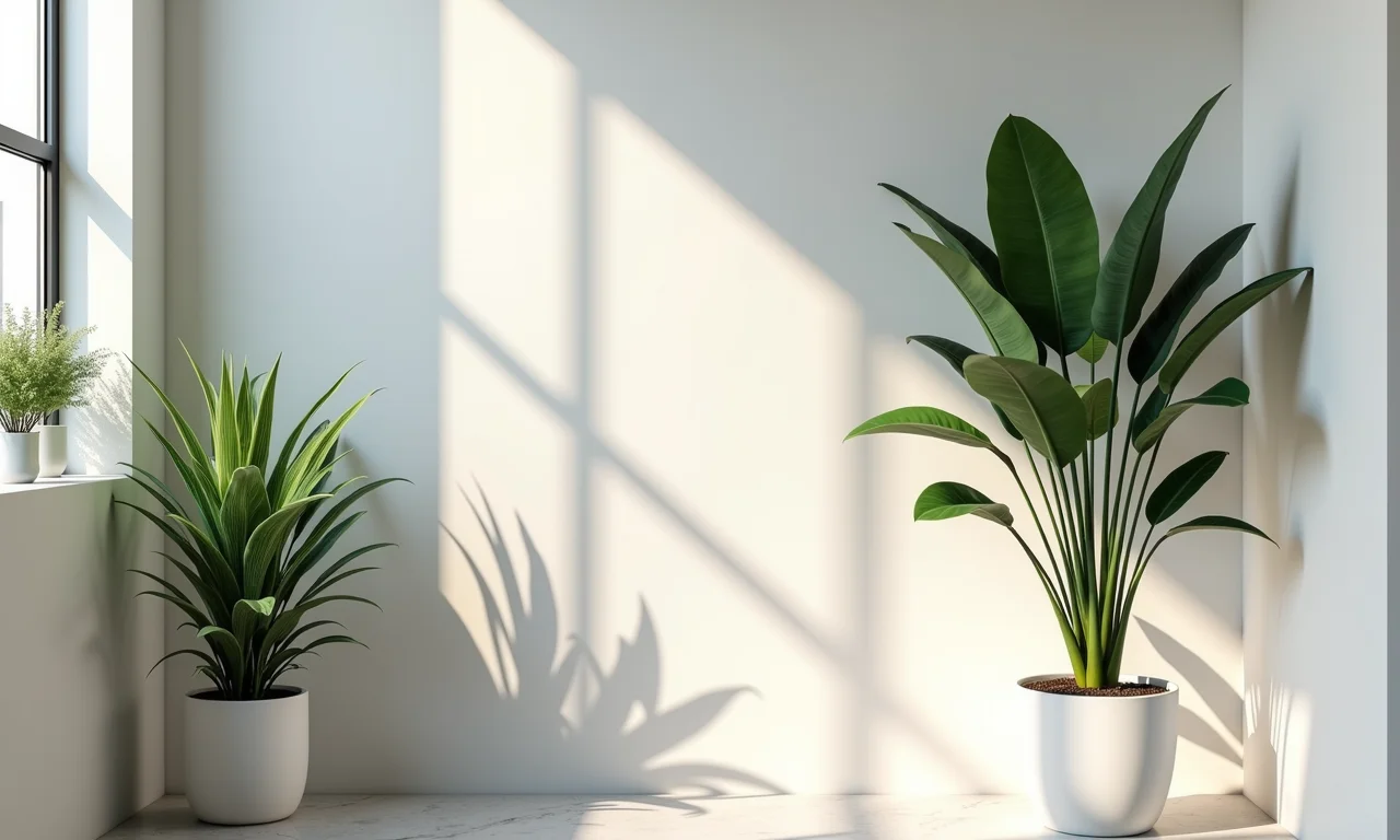 Zamioculcas em um banheiro moderno com design minimalista.