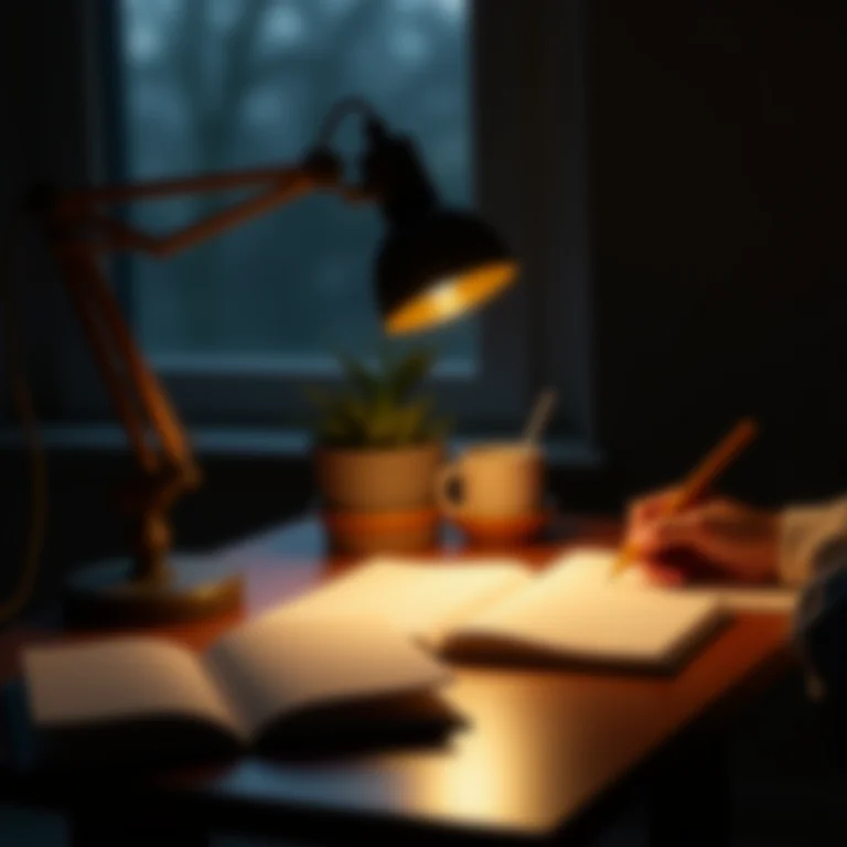 Abajur de mesa iluminando um caderno e uma mão escrevendo