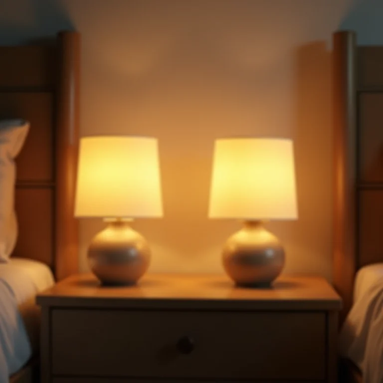 Abajures de cabeceira com luz suave em quarto de casal.