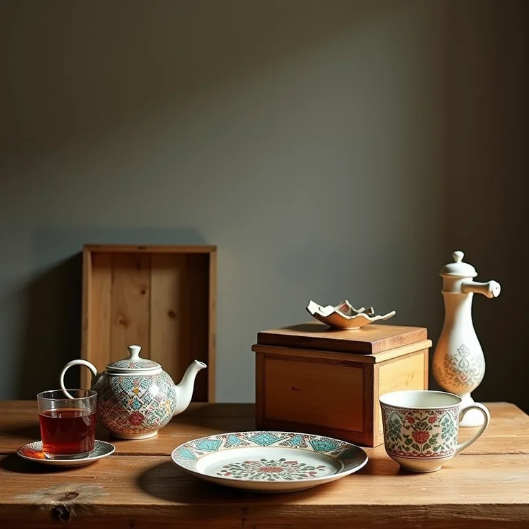 Acessórios autênticos para cozinha boho: cerâmica pintada, caixa de madeira e copo marroquino.