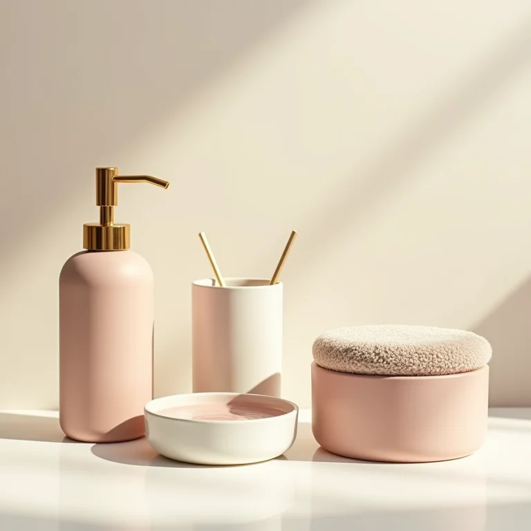 Acessórios de banheiro dispostos de forma harmoniosa em cores e texturas.