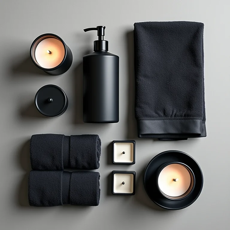 Acessórios de banheiro escuros dispostos em um flat lay minimalista