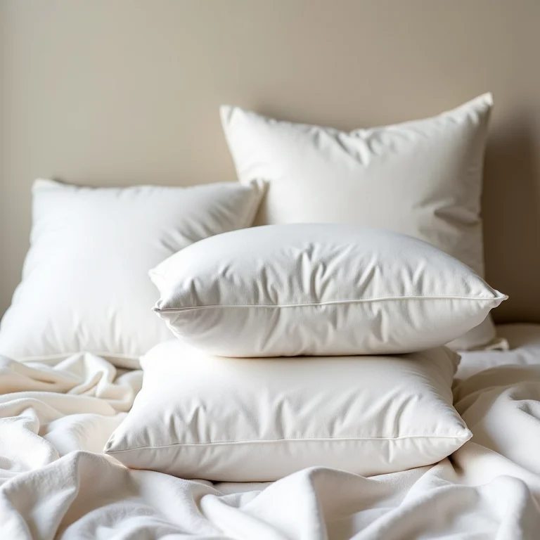 Almofadas de algodão em diferentes texturas e espessuras dispostas sobre um lençol de linho.
