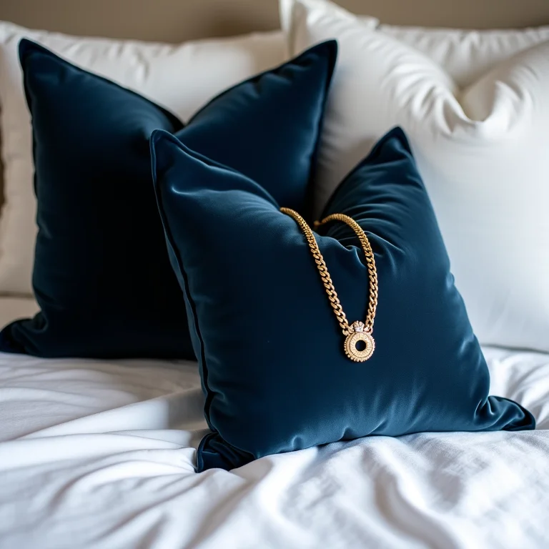 Almofadas de veludo azul com detalhes dourados sobre cama de linho