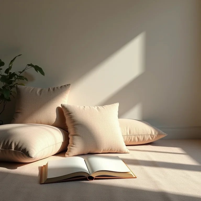 Almofadas e livro aberto, representando uma noite de sono tranquila.