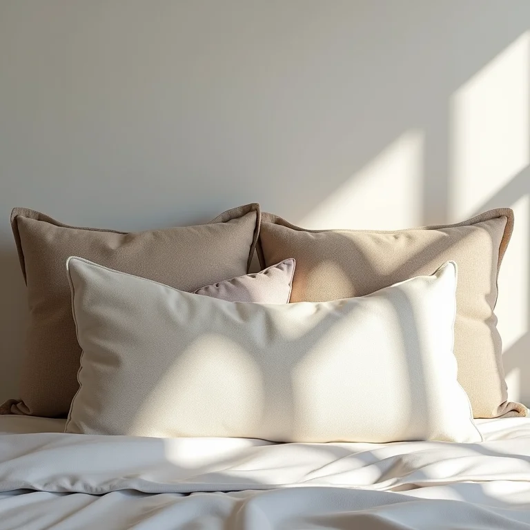 Almofadas e travesseiros decorativos em cama de casal.