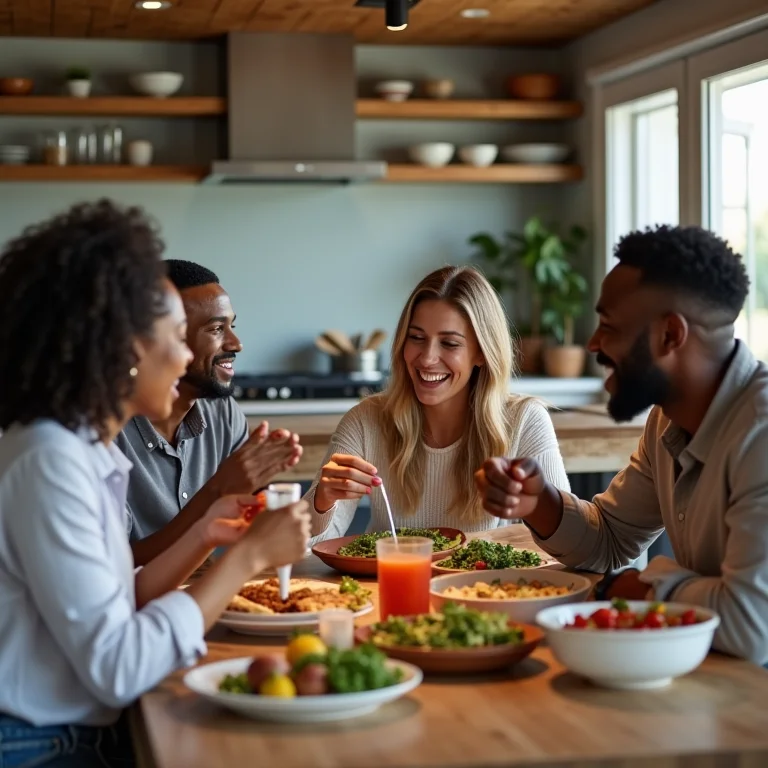 Amigos reunidos na cozinha planejada, desfrutando de momentos de convívio.