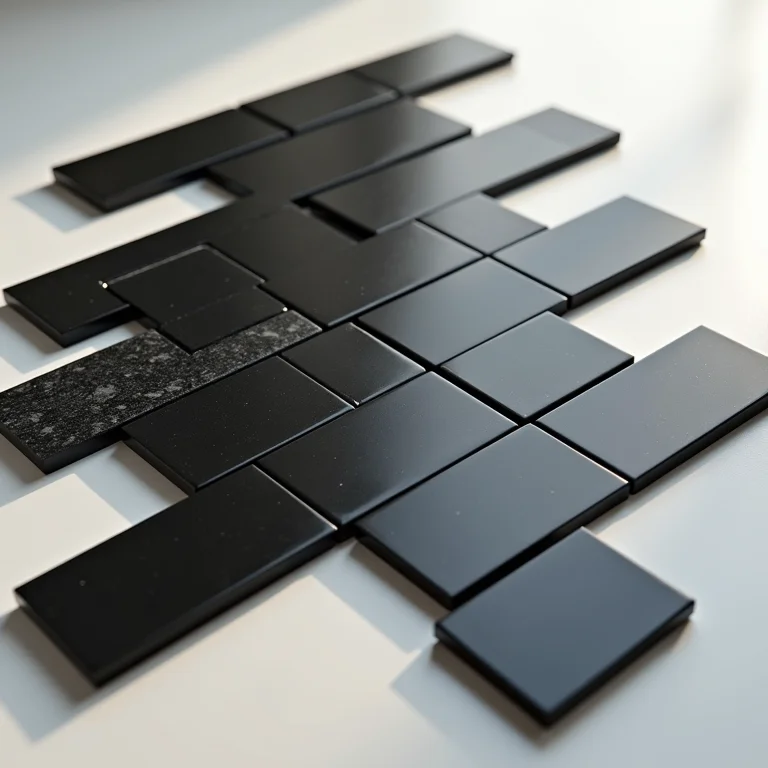 Amostras de azulejo de metrô preto com diferentes acabamentos