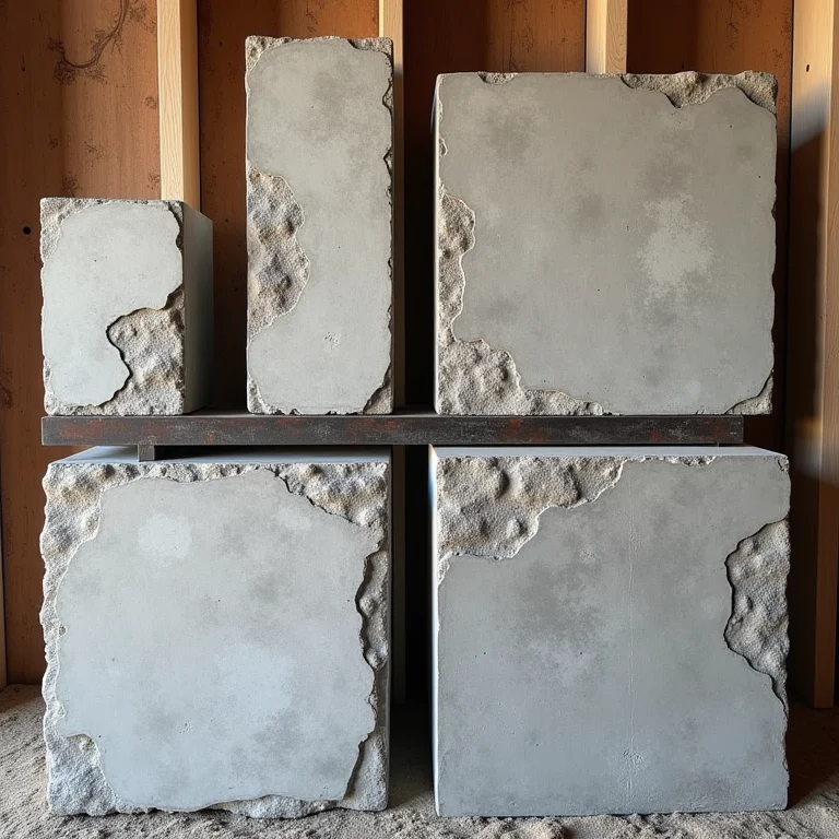 Amostras de concreto bruto e materiais de construção em estilo brutalista.
