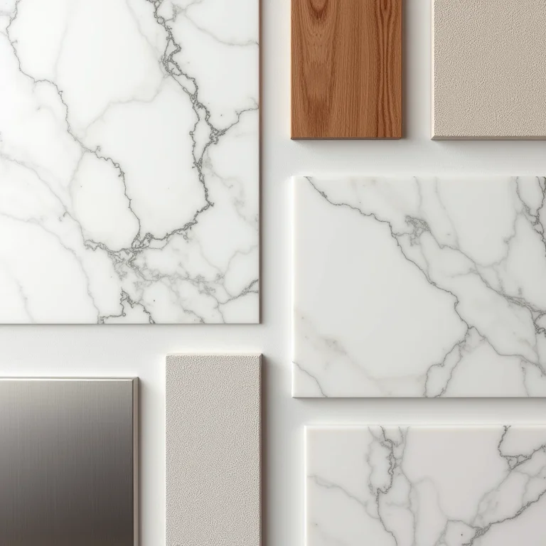 Amostras de materiais e acabamentos para cozinha contemporânea