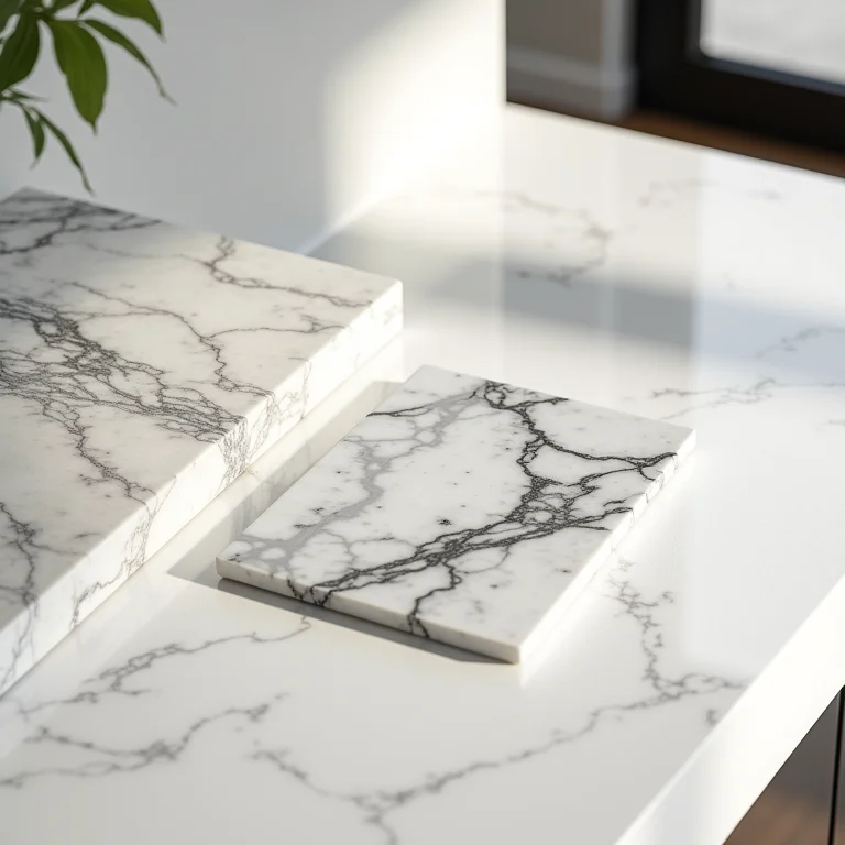 Amostras de materiais para bancada de cozinha: granito, mármore e quartzo.