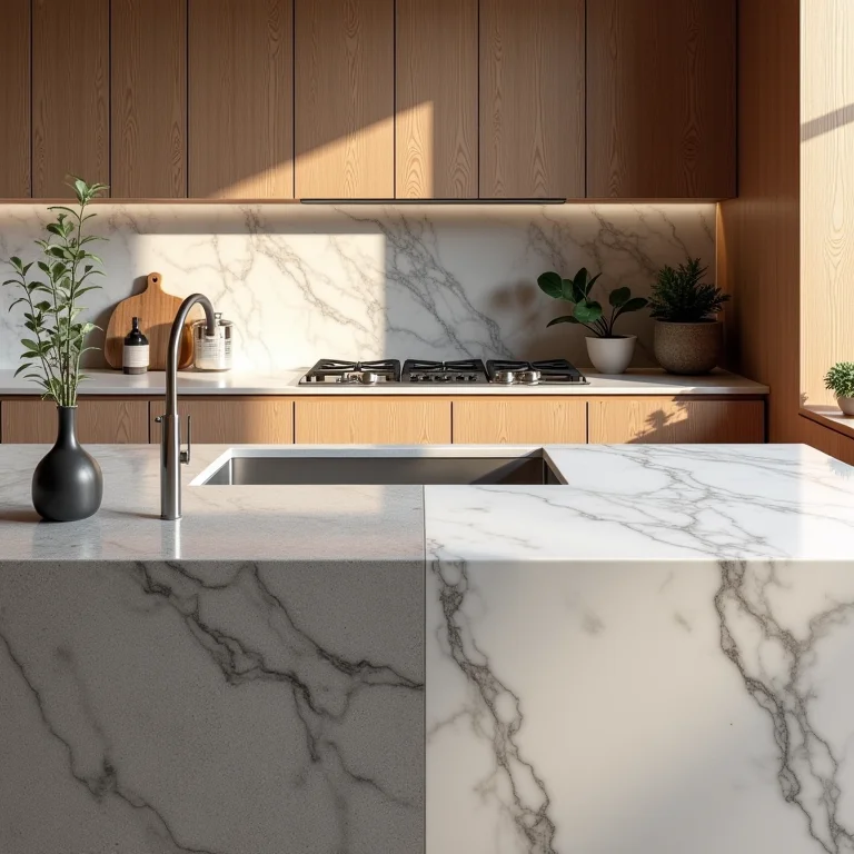 Amostras de materiais para cozinha: madeira, inox, granito, quartzo