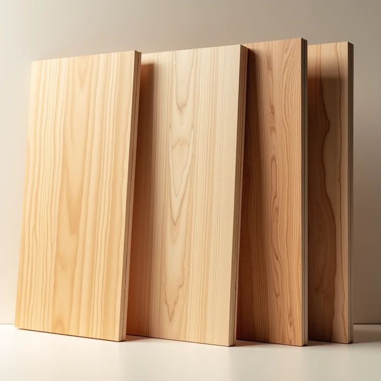 Amostras de MDF, madeira maciça e compensado.