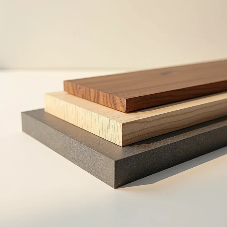 Amostras de MDF, madeira maciça e metal